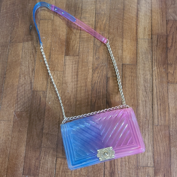 Jelly Purse Gradient‎ Pink and Blue Women's Bag Gold Chain Colorful Crossbody - Picture 10 of 16